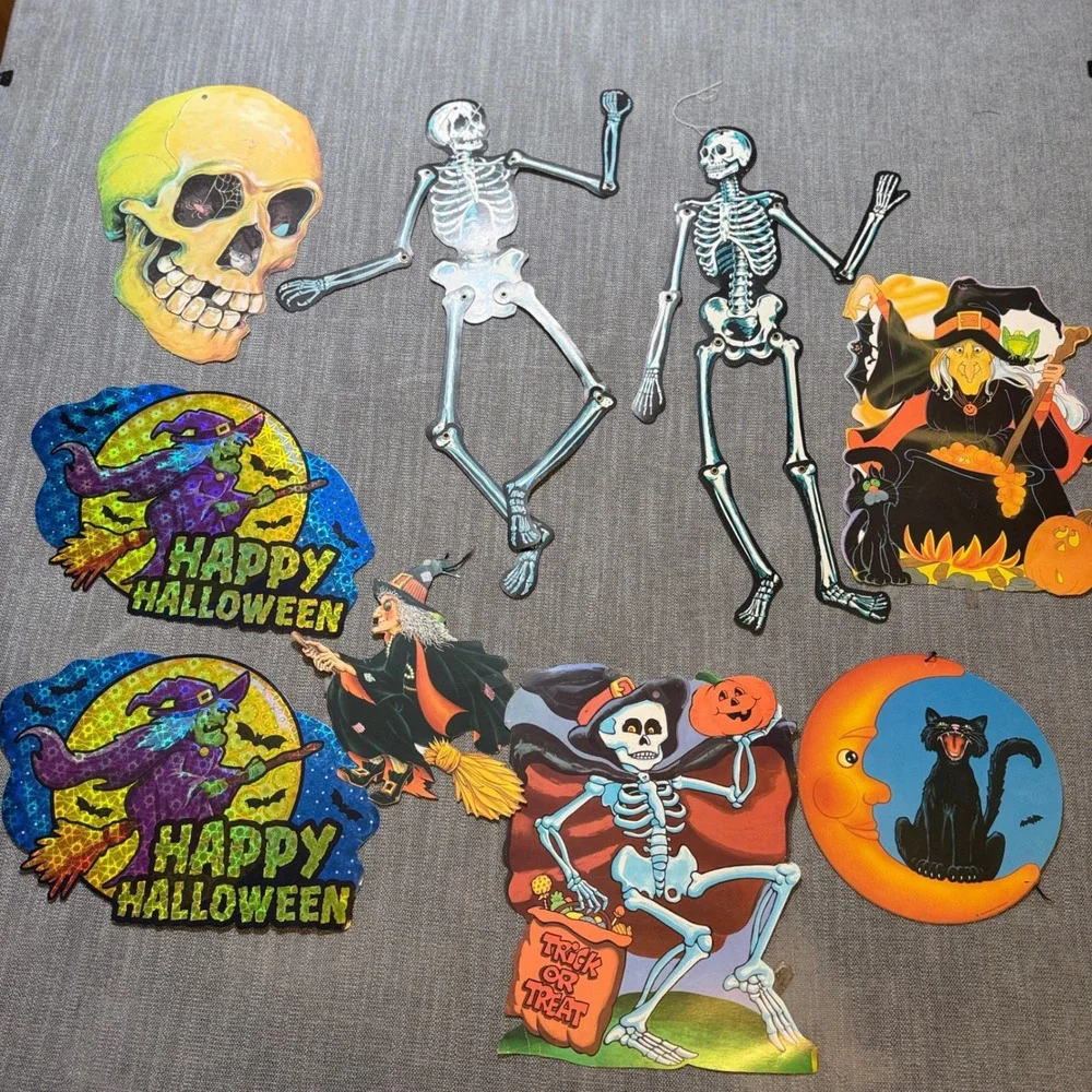 Vintage Halloween Paper Cutouts Bundle Witches Skeletons‎ Black Cat 9pc